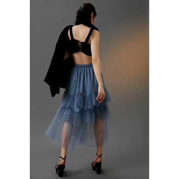 Anthropologie Eva Franco Ruffled Tulle Midi Skirt Blue Polka Dot - Picture 3 of 4